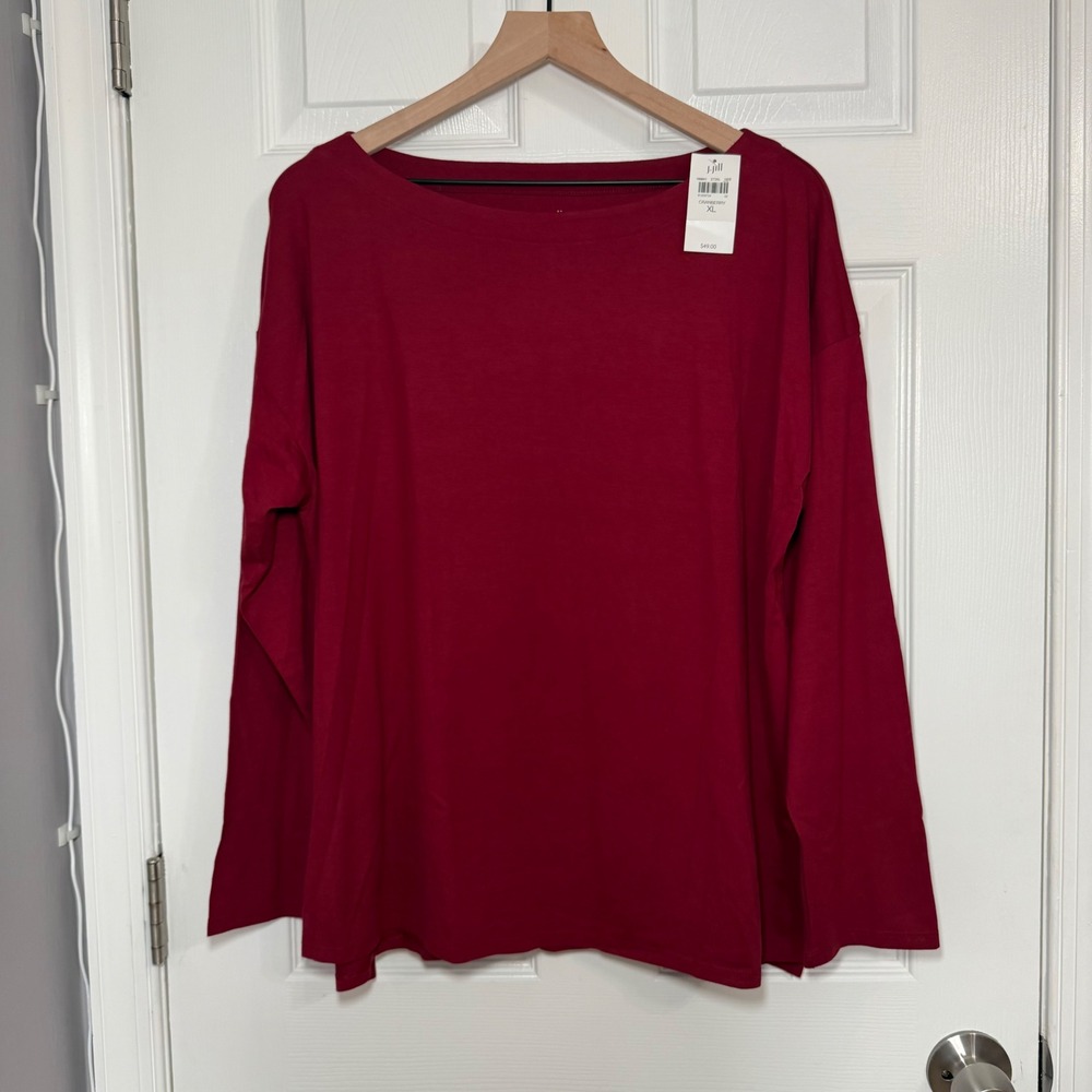 NEW J.Jill Luxe 100% Supima cotton Boat-Neck Tee Cranberry Red Long Sleeve XL